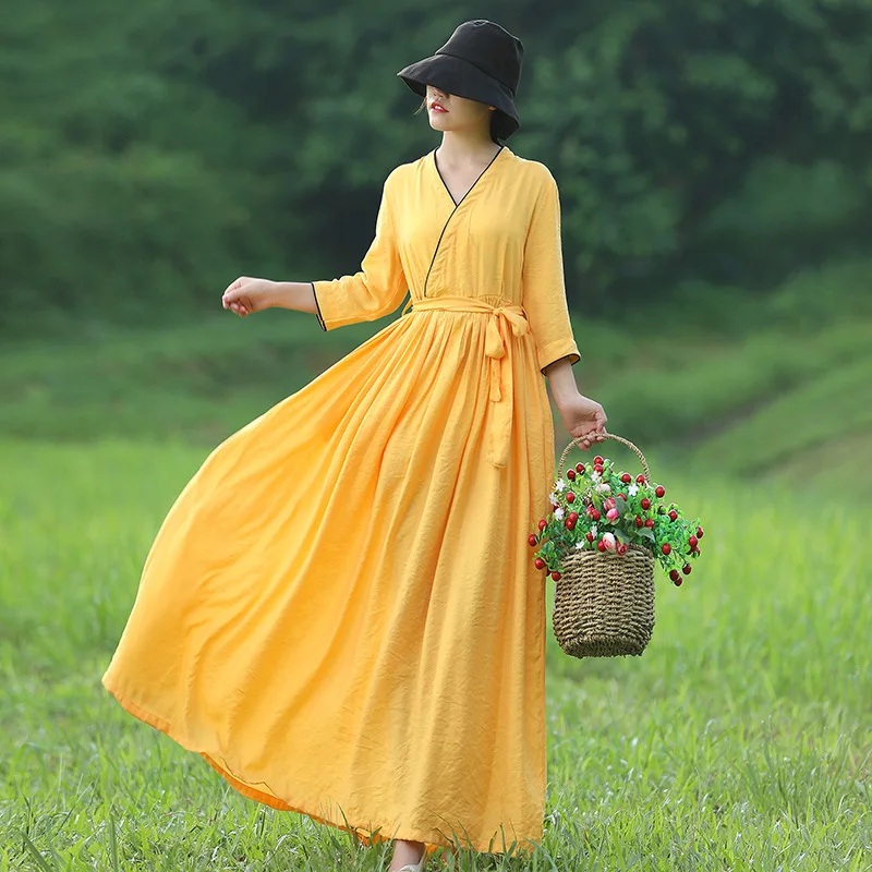 Пляжное платье женское hanfu осеннее шелковая конопля V с высокой талией юбка