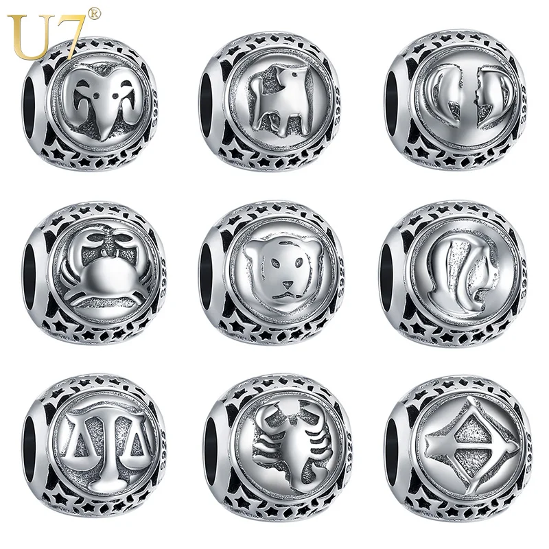 

U7 925 Sterling Silver Charms Diy Bracelets Necklaces Accessories 12 Zodiac Beads for Jewelry Making Women Birthday Gifts SC118