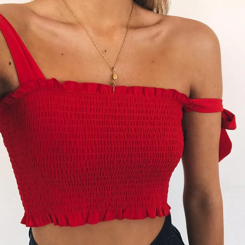 Одноцветное галстук бабочку шифон уличная Топ Для женщин Мода Ruched Pleated Crop Top Sexy