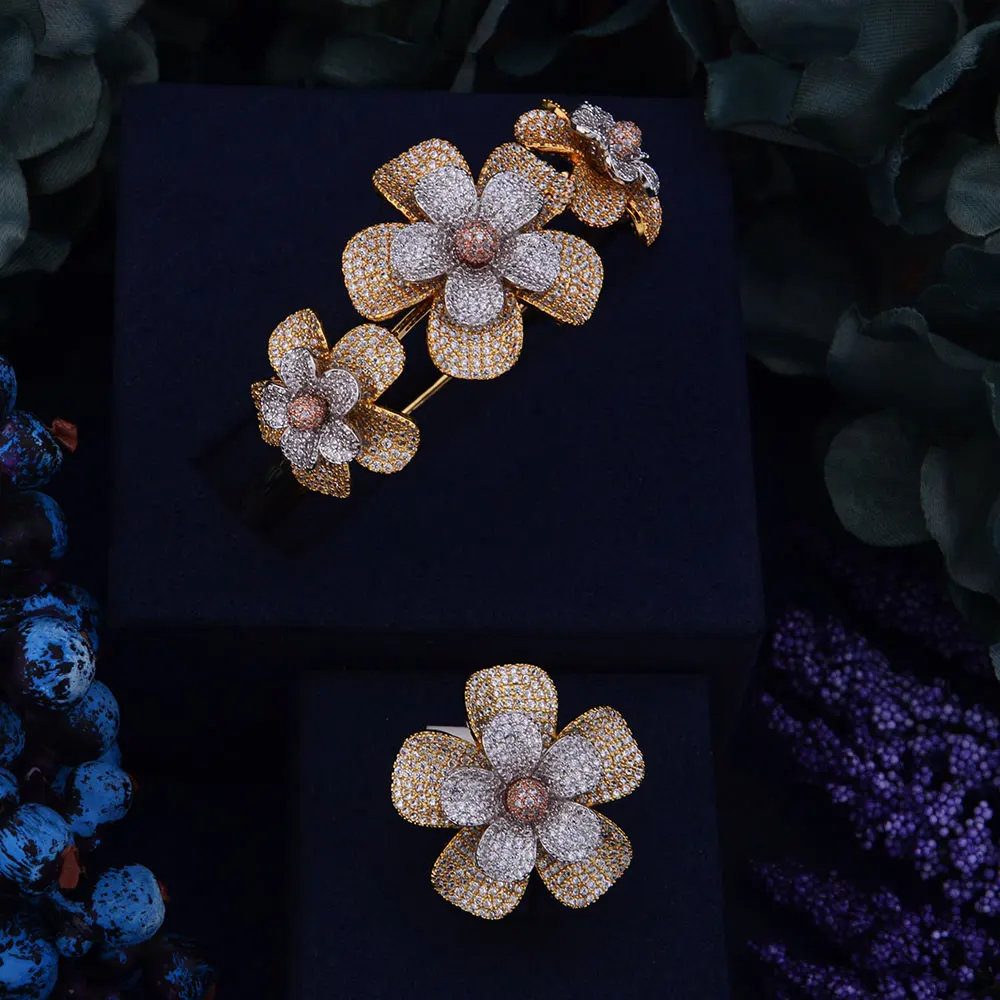 Godki Мода класса люкс супер блестящие Слои Цветы AAA кубического циркония Для