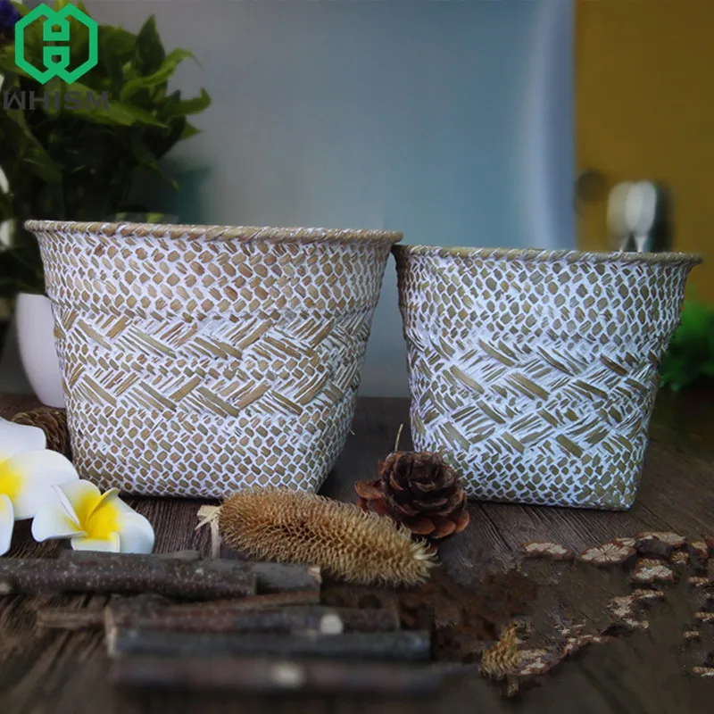 WHISM Seagrass ротанговый ящик для хранения корзин плетеное кашпо для цветов ручной работы соломенный макияж Органайзер из ткани для сада ящик Настольный ящик для хранения