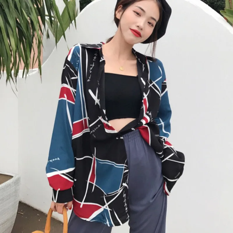 

Korean Style Color Block Geometric Printed Blouse Button Turn-down Collar Long Sleeve Women's Chiffon Blouse Shirt Clothing
