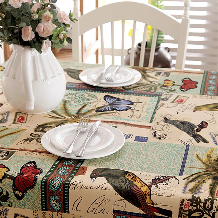 

Green coconut tree butterfly bird tea table tablecloth Mediterranean style all cotton thickened canvas tablecloth