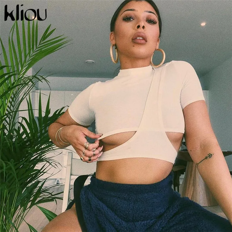 Новый женский летний укороченный сексуальный топ с разрезами облегающая тонкая