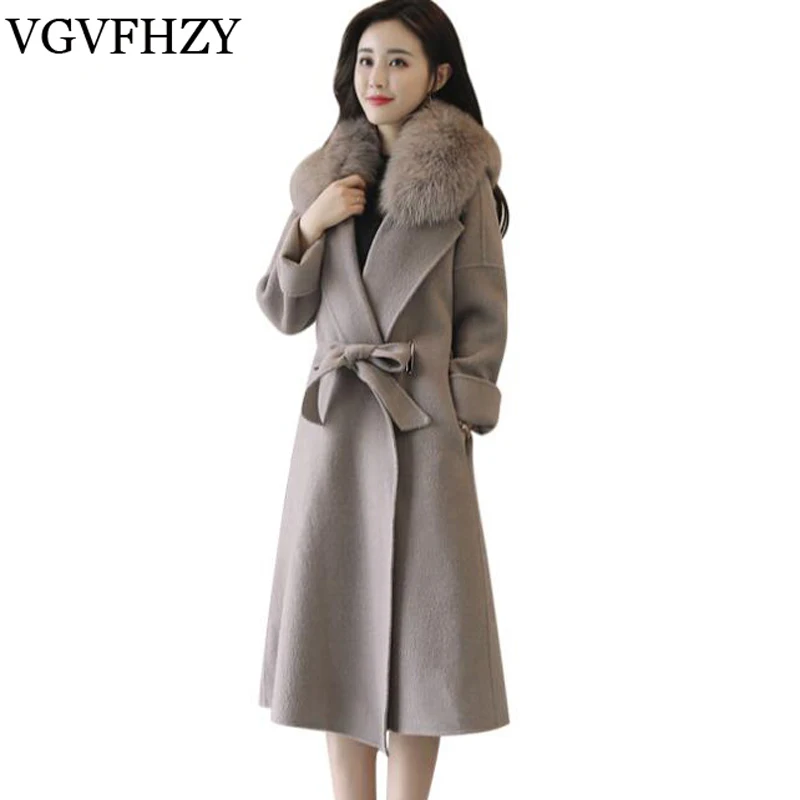 Женское шерстяное пальто с меховым воротником новинка 2018 высокое качество