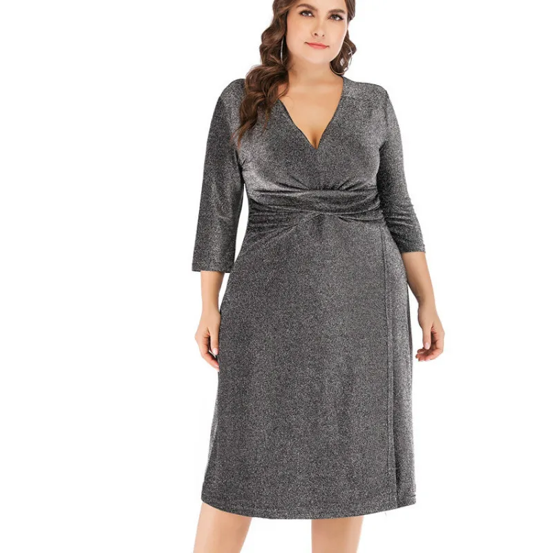 

Woman Plus Size Midi Dress Summer Autumn V-neck Three Quarter Sleeve High Waist Elegant Party Dress TA1816
