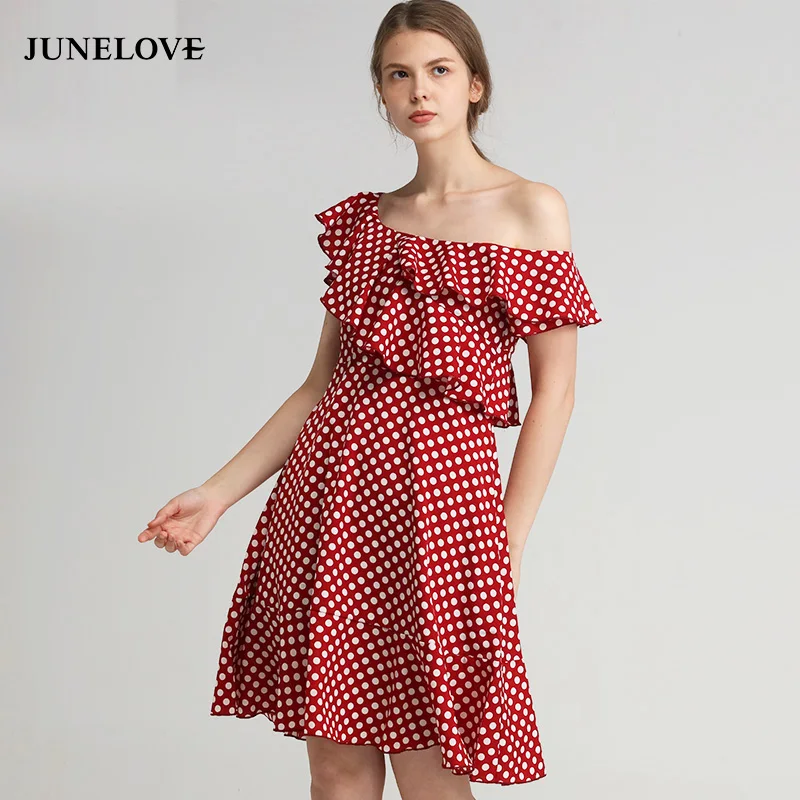 Женское платье с открытыми плечами JuneLove винтажное мини-платье в горошек рюшами