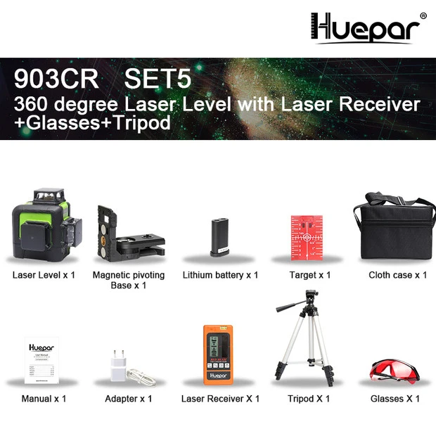 SET 5 Huepar 12 линий 3D перекрестная линия лазерный уровень самонивелирующийся 360 градусов вертикальный и горизонтальный крест супер мощный красный лазерный луч линии - Цвет: SET 5