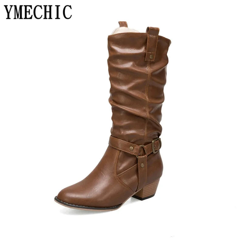 Женские сапоги в западном стиле YMECHIC коричневые черные до середины икры на