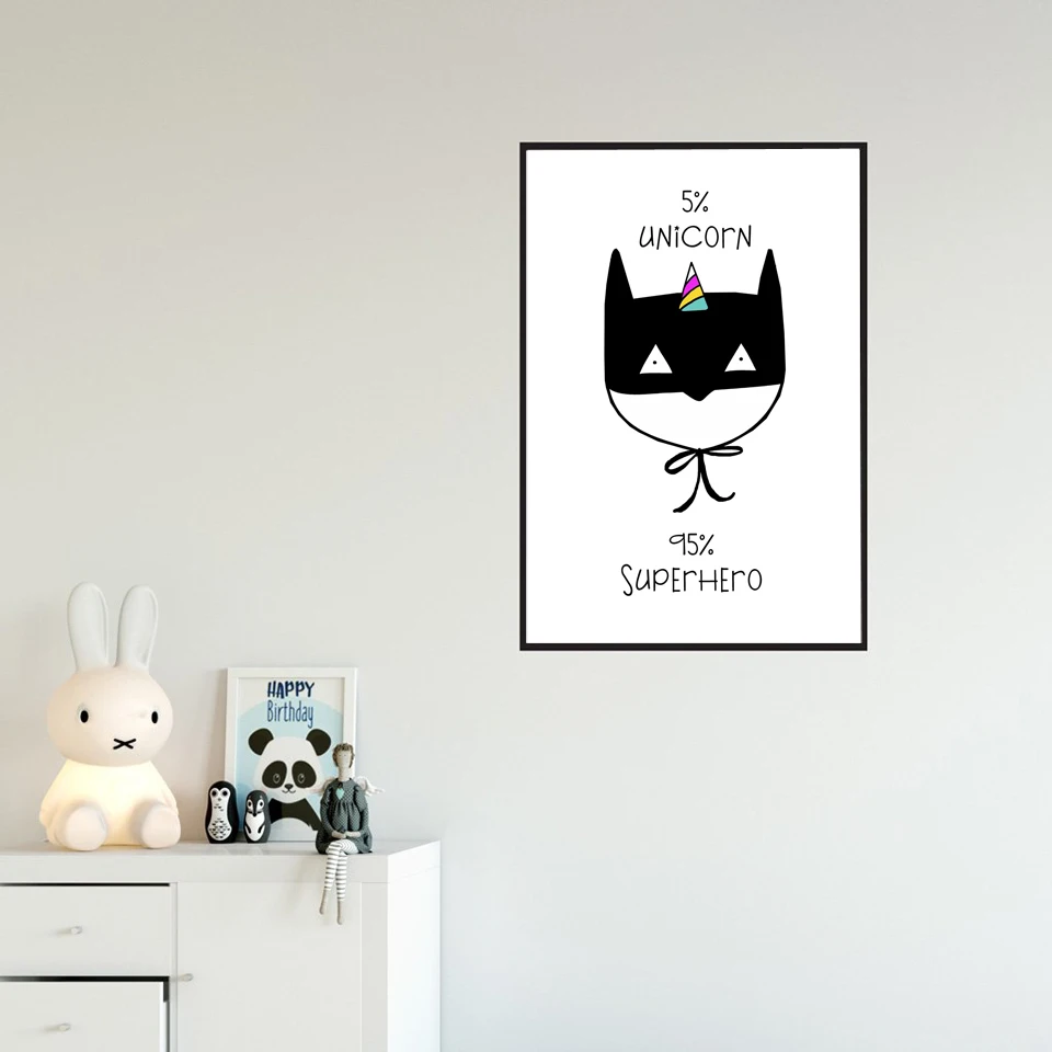 

Canvas Painting Black White Cartoon Bat Unicorn A4 Art Print Poster Scandinavian Wall Pictures For Kids Baby Nursery Decoration