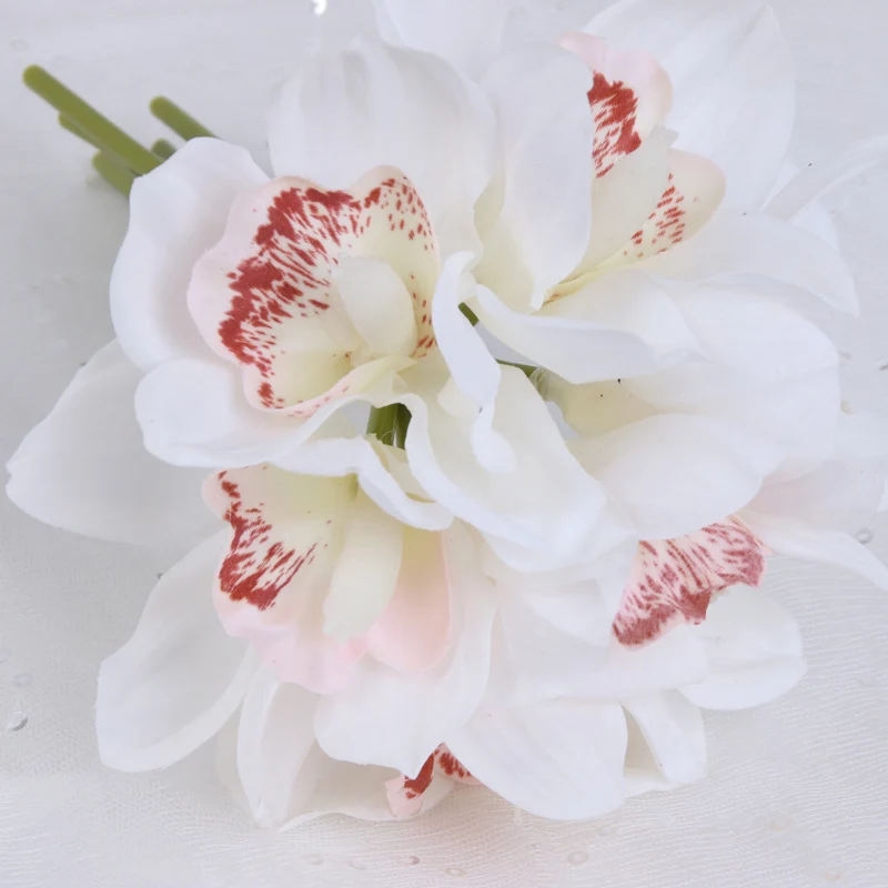 Настоящее прикосновение cymbidium 6 головок короткая съемка украшение стола цветок DIY Свадебные невесты ручной цветы домашний декор искусственная Орхидея