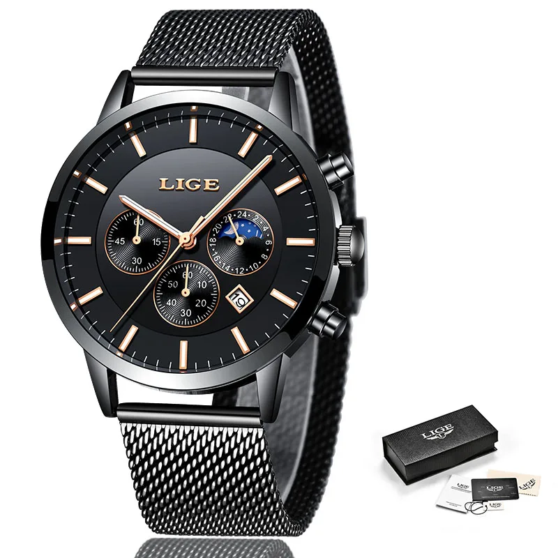 Black rose gold LIGE часы мужские роскошные брендовые кварцевые часы модные спортивные водонепроницаемые часы с хронографом мужские часы relogio Masculino - Цвет: Black rose gold