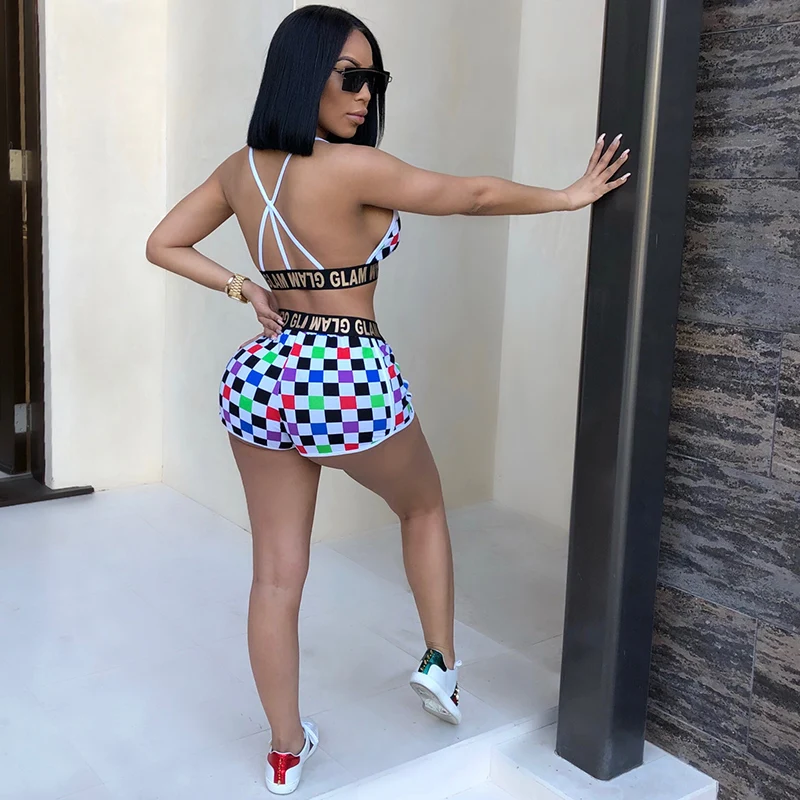 Женский клетчатый Топ шорты с надписью пляжный костюм из 2 предметов| |