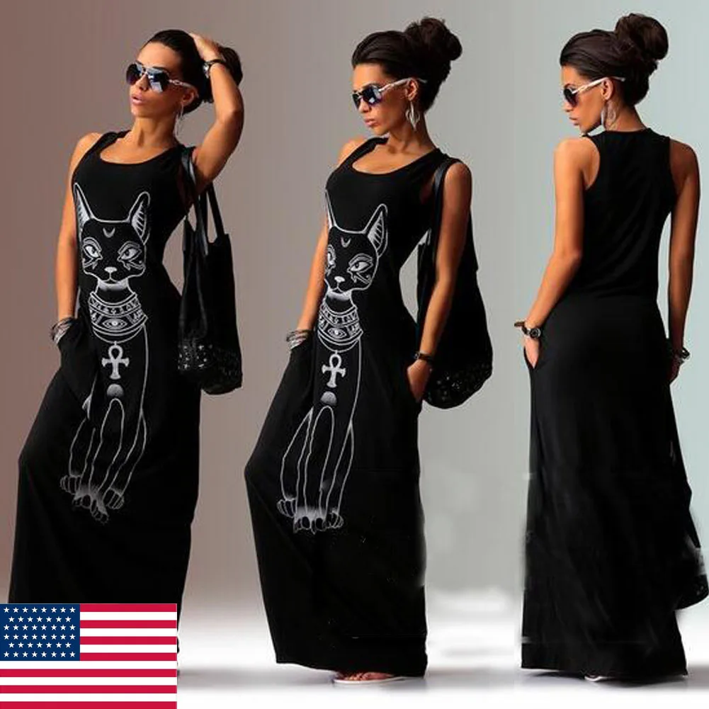 Модные женские туфли летнее, длинное, макси платье Повседневное кошка пляжное, богемное, с принтом сексуальное платье Вечеринка облегающее Платье Vestidos de fiesta