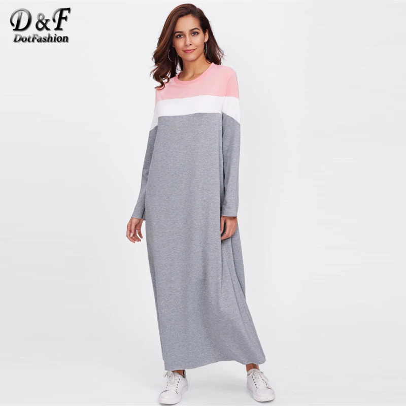 Dotfashion платье-толстовка с вырезом и вышивкой, разноцветное платье с круглым вырезом, Осеннее женское платье, платье с длинным рукавом