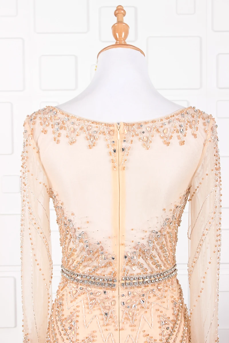 JANCEMBER vestido de gala, украшенный бусинами и кристаллами, длинный рукав, иллюзия, круглый вырез, со шлейфом, В Стиле Русалка, органза, Новые вечерние длинные платья