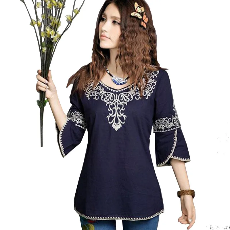 Blusas Femininas новинка 2021 женские хлопковые винтажные топы с рукавом 3/4 этническим