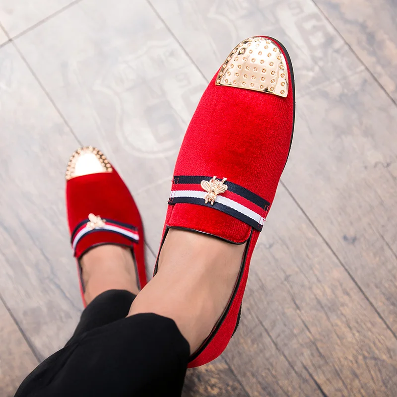 Brand Bee Men Loafers Shoes Rivets Leisure Designer Pointed Toe Velvet Party Lazy Flat Driving Footwear | Спорт и развлечения