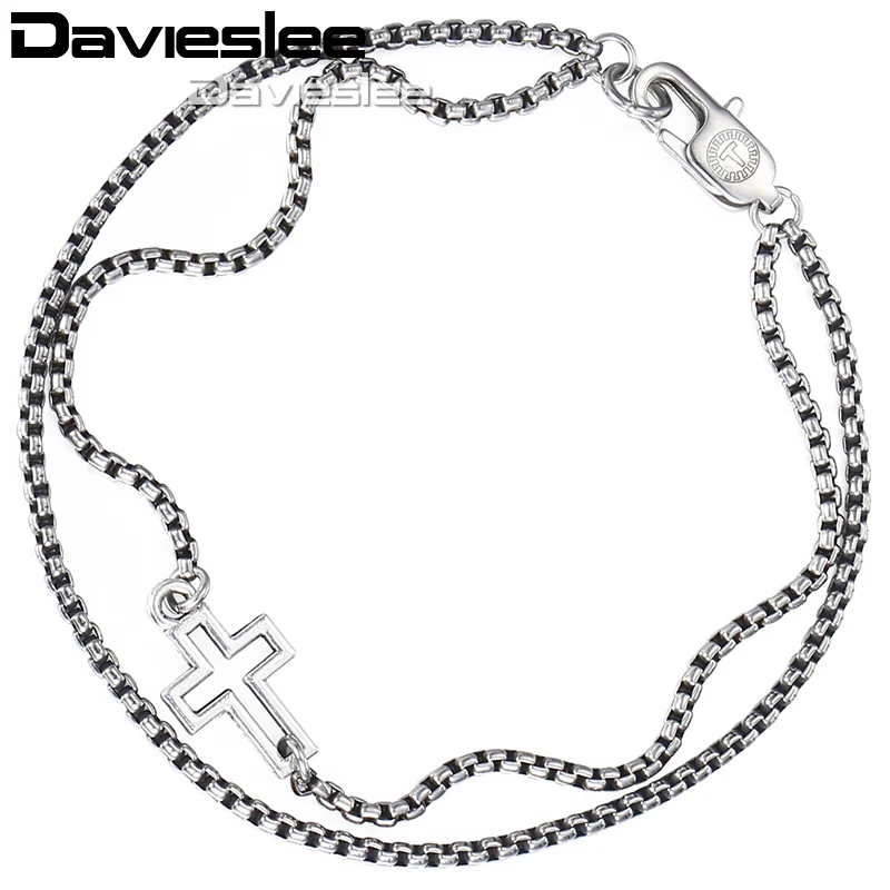 Браслет Davieslee для мужчин и женщин, Кабельная коробка, двойная цепь, серебряный тон, нержавеющая сталь, регулируемый мужской браслет DDB11