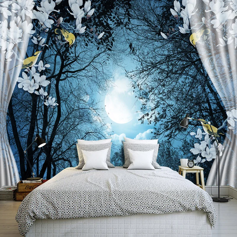 

3D Wall Mural Wall Paper Natural Scenery Peaceful Night Forest Moon Custom 3D Room Landscape Photo Wallpaper Window View Bedroom