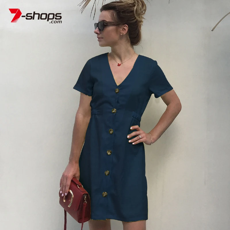 Женское платье миди с коротким рукавом V образным вырезом и пуговицами|Женские