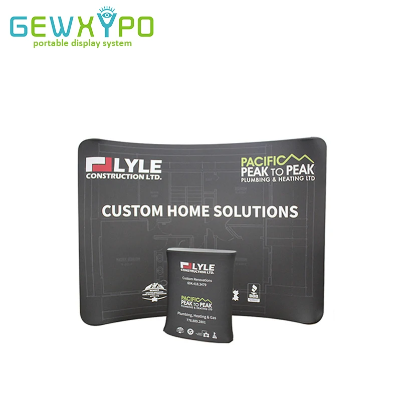 

Expo Booth 10ft Curved Tension Fabric Advertising Display Banner Wall With Your Own Design Printing And Podium Square Counter