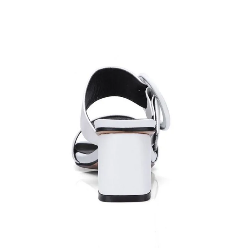 FITWEE Simple Women Genuine Leather High Heel Sandals Metal Buckle Square Toe Thick Vacation Shoes Size 33-40 | Обувь