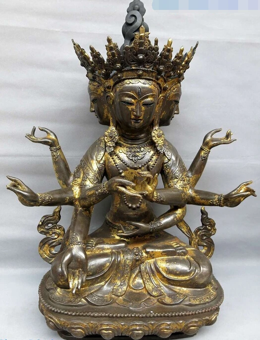 32 &quotКитайский Старый Бронзовый позолоченная скульптура резной буддизм 4 лица 8