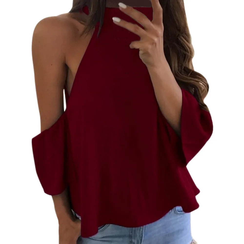 2019 модная женская блузка рубашка с открытыми плечами и коротким Расклешенным