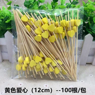 100pcs12cm романтические бамбуковые зубочистки сердца фруктовые вилки палочки буфет кекс Cocktail Коктейльные Свадебные украшения для праздника для вечеринки - Цвет: Yellow