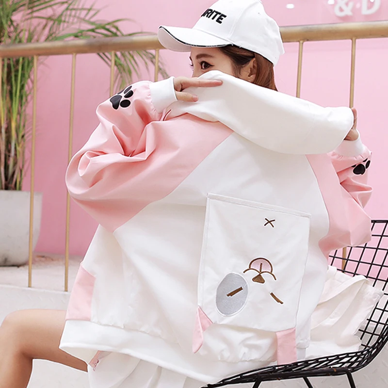 Для женщин куртка японский Harajuku Стиль Kawaii след печати карман на молнии с длинным