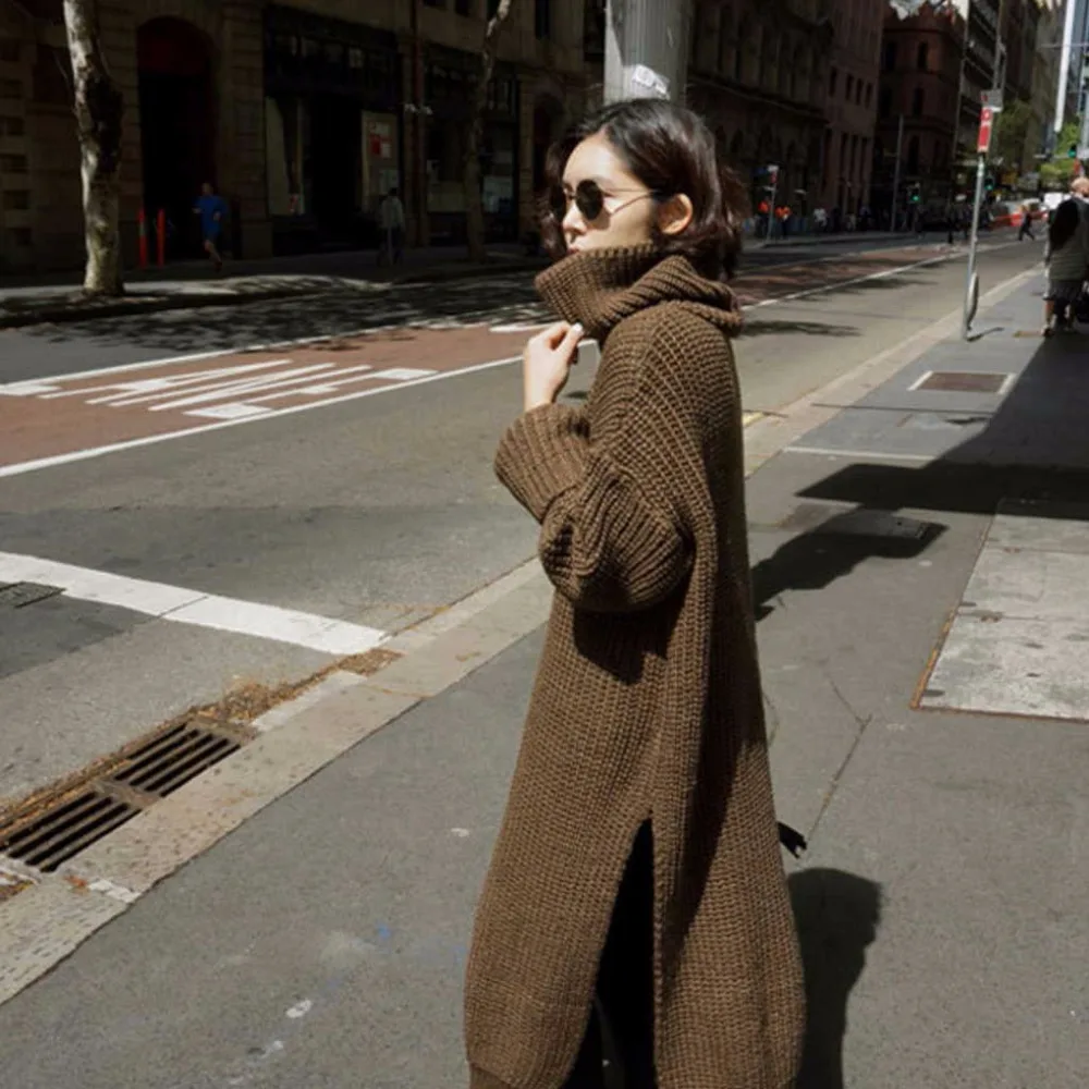 Loose turtleneck wool knitted dress long thick split backing sweater | Женская одежда