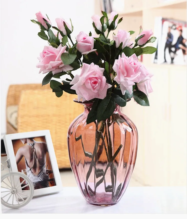 3 головки искусственные розы на ощупь декоративные свежие цветы латексные для