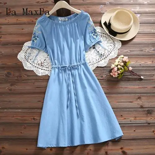 Винтаж Летний стиль Для женщин вышивка короткое платье краткое с круглым вырезом