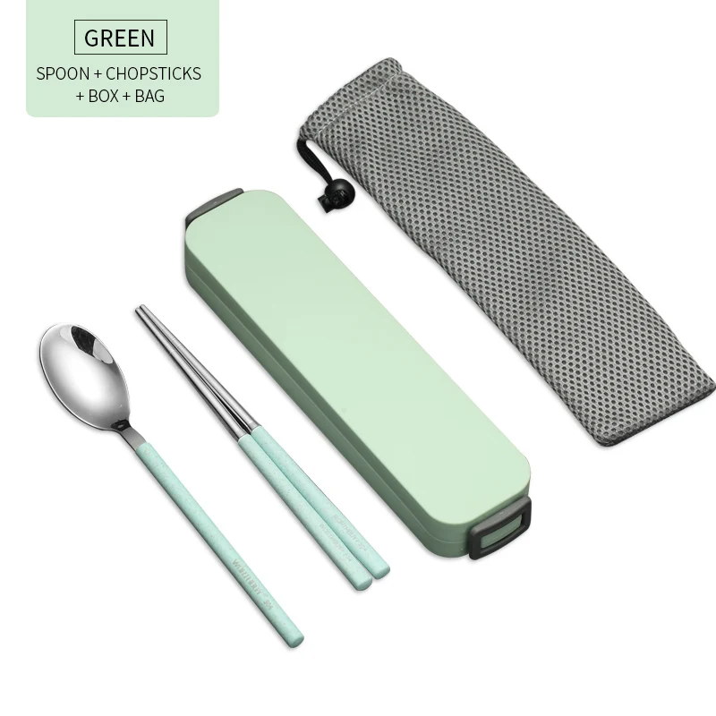 Green 4 Set And Bag Портативный набор посуды для путешествий 304, набор посуды из нержавеющей стали с ручкой из пшеничной соломы, набор кухонных столовых приборов - Цвет: Green 4 Set And Bag