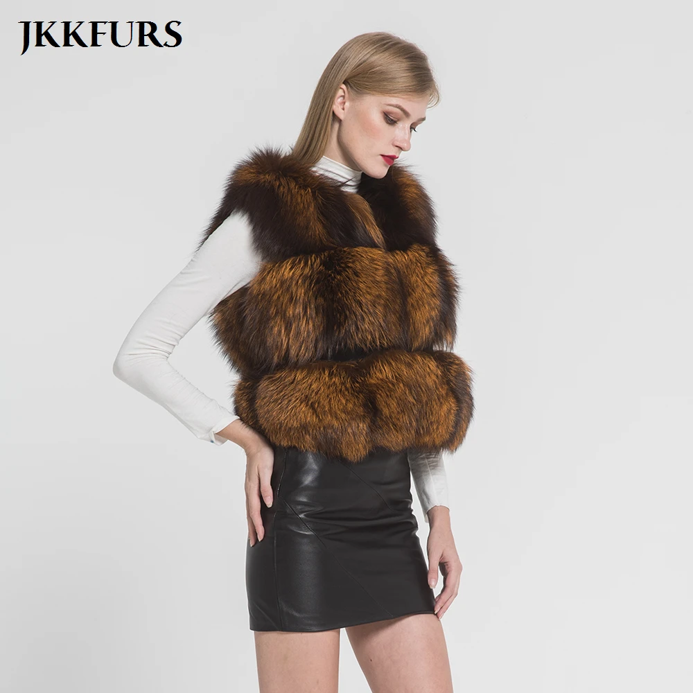 JKKFURS/Новое поступление женский жилет на натуральном меху с серебряной лисой