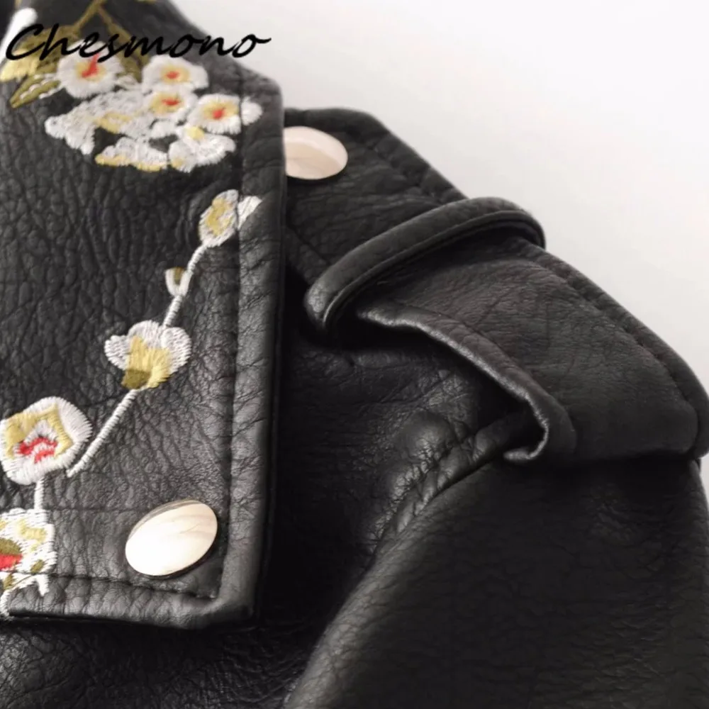 Весенне осенние куртки из искусственной кожи с вышивкой мотоциклетная косая