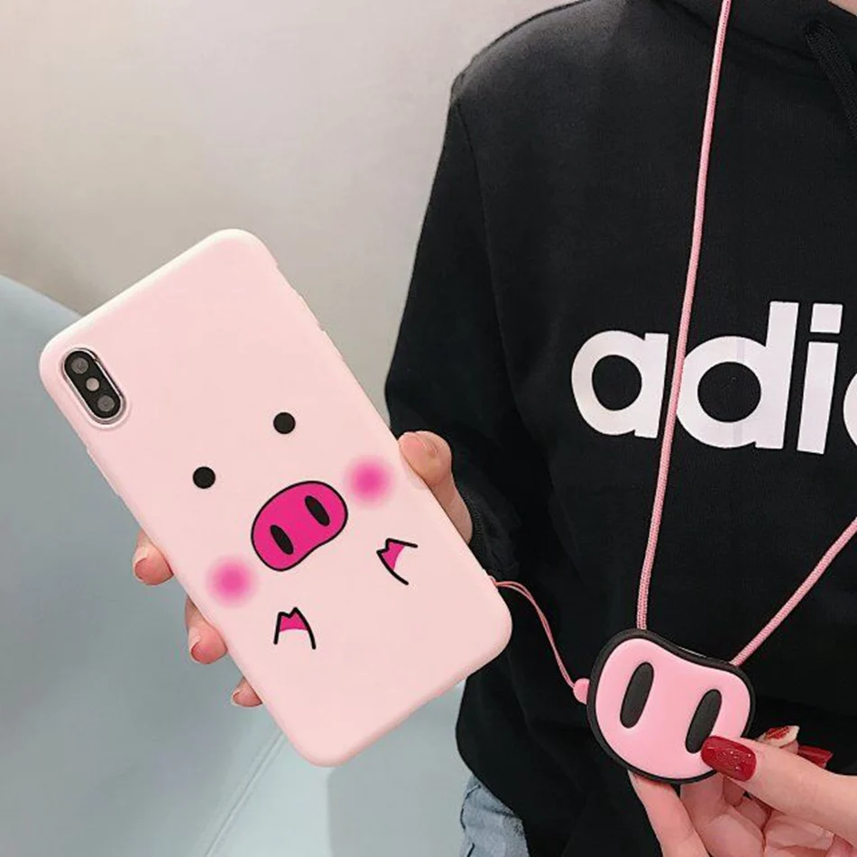 Fashion Cartoon Lovely Pig Phone Case For iPhone 7 8 6 6s Plus XS MAX XR X Cute Nose Lanyard Soft TPU Cover Coque Fonda |