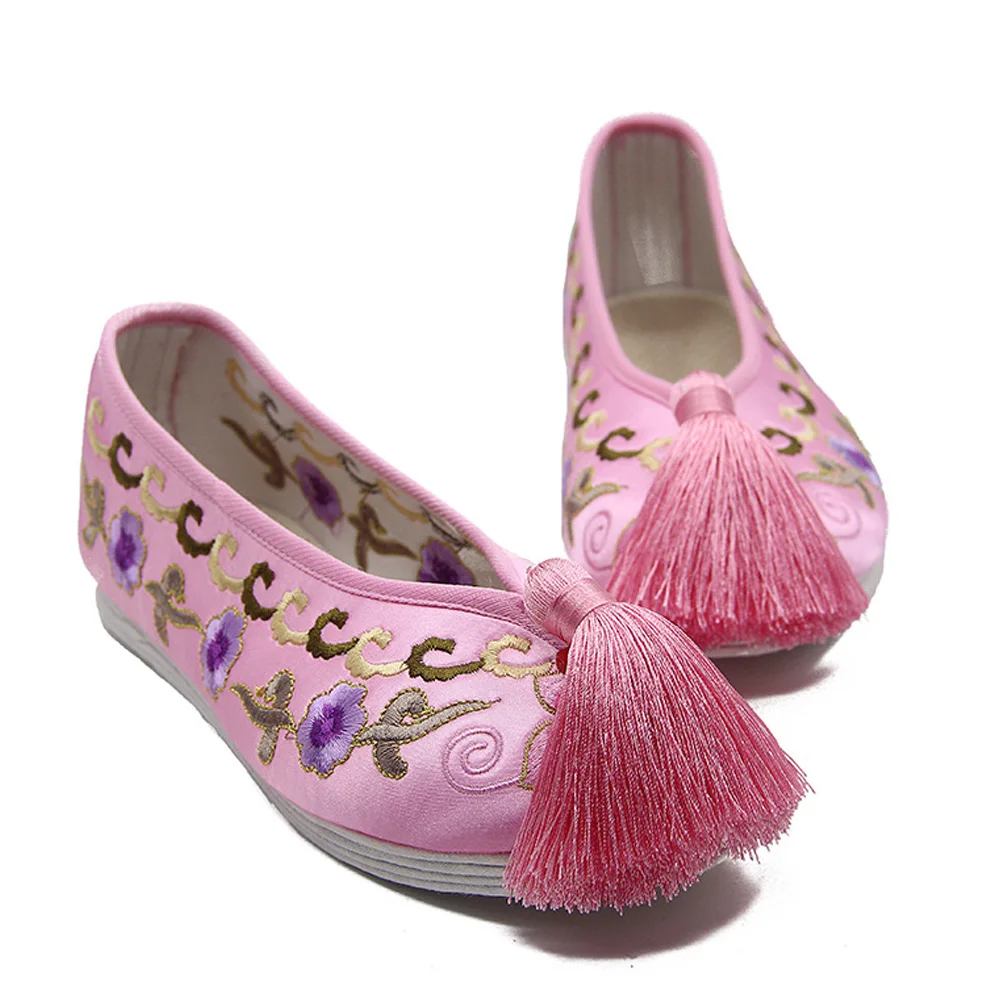 Pink Floral Винтажная женская обувь на плоской подошве; обувь для невесты; китайские свадебные атласные туфли с вышивкой в виде дракона и феникса; дышащие тонкие женские балетки с кисточками - Цвет: Pink Floral