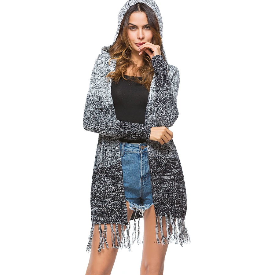 Women Cardigans Fincati 2018 Fashion Hooded Tassel Hem Knitted Open Stitch Gradient Color S-XL Oversize Sweater Coat |