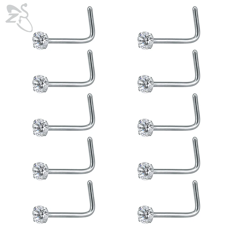 L shape ZS 10 шт./партия, 20 г, пирсинг для носа, ювелирные изделия из нержавеющей стали 316L, кольца для носа, прозрачные кристаллы, l-образная форма, пирсинг Nez, пирсинг, кольца Nariz - Окраска металла: L shape