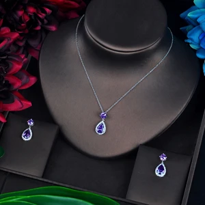 purple Hiневесты дизайн простая Капля воды кулон маленький ювелирный набор роскошный дизайн звеньевая цепочка серьги ожерелье набор опт N-672 - Окраска металла: purple