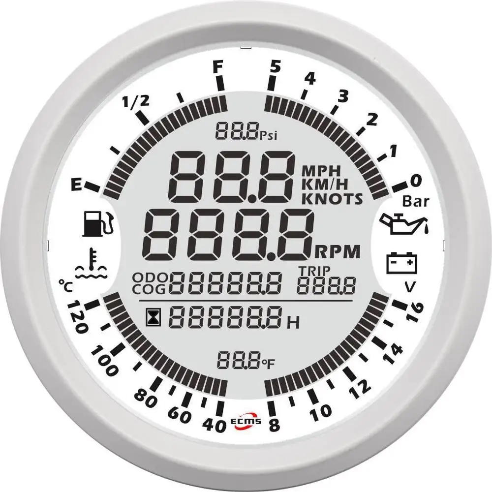 Морской катер цифровой gps Спидометр Тахометр 6в1 Многофункциональный датчик 8-16 в 10 бар 85 мм 7 цветов 316L ободок - Цвет: White bezel with whi