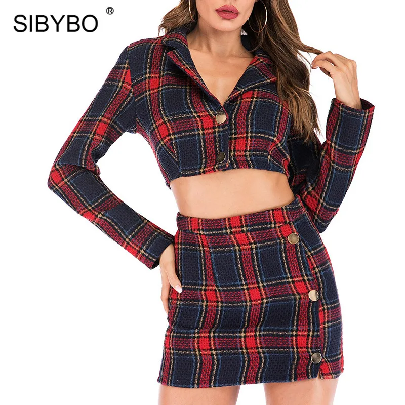 Sibybo, клетчатое, с принтом, с зубцами, мини, сексуальное, облегающее платье, весна, с длинным рукавом, имперский комплект из двух частей, платье для женщин, на пуговицах, вечерние платья