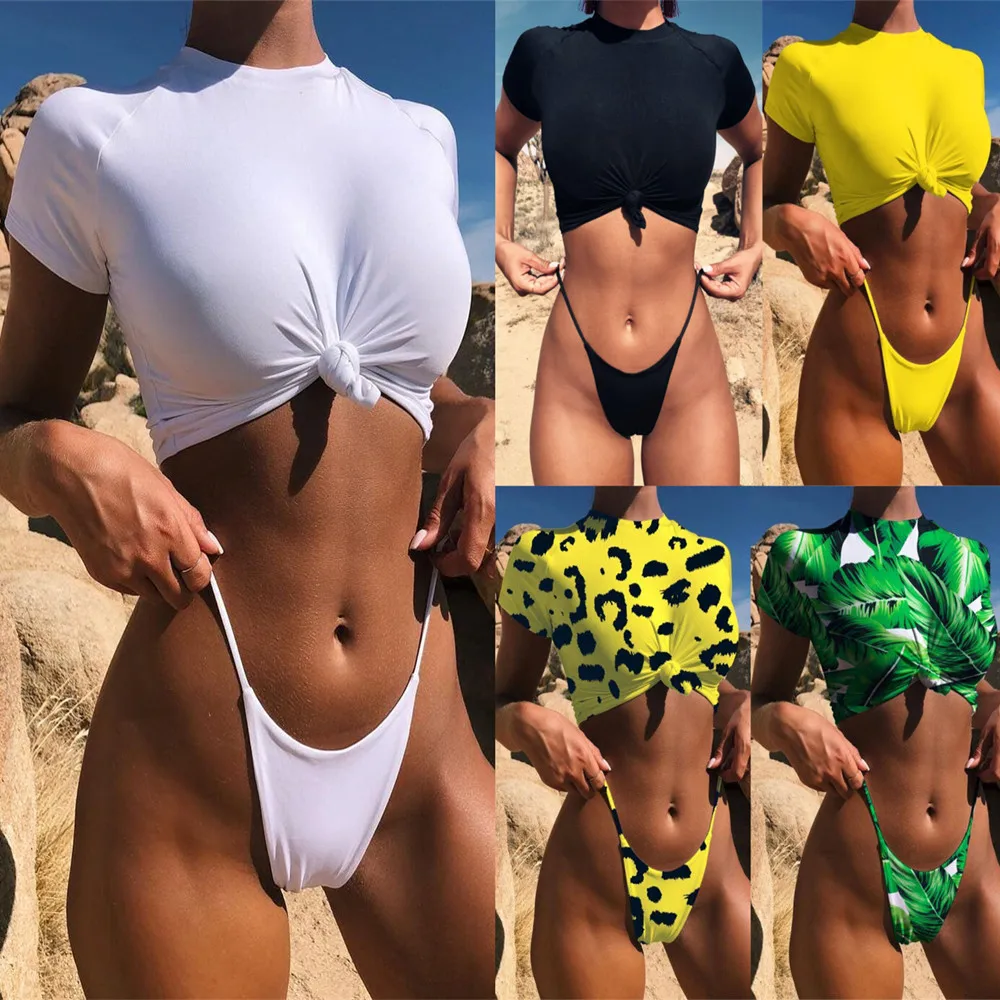 

Knot crop top bikini 2019 Leopard swimwear women bathers Yellow brazilian swimsuit female T-shirt thong bikini sexy swimming new
