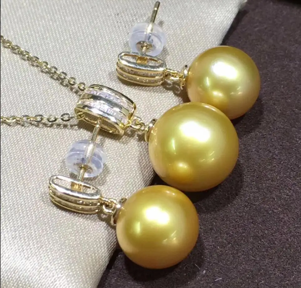 

free shipping >>>>noble jewelry huge 10-11mm pendant 12-13mm south sea round gold pearl necklace 18k