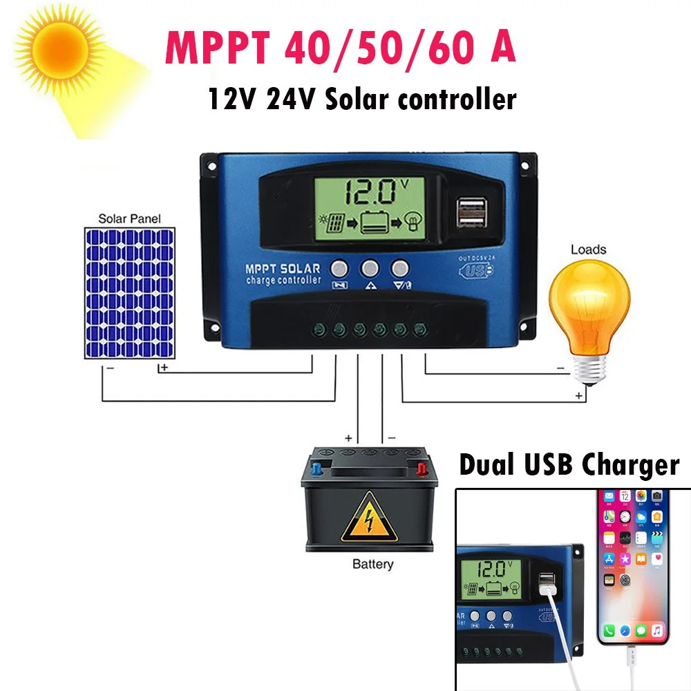 MPPT 40/50/60 Контроллер заряда на солнечной батарее двойной USB ЖК дисплей 12 В 24 в авто