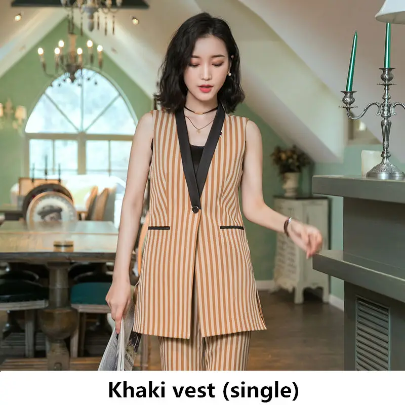 Khaki stripes Блейзер случайные жилет женщин долго костюм жилет женский жакет в полоску карманов офис леди комплект из двух предметов Топ и штаны - Цвет: Khaki stripes