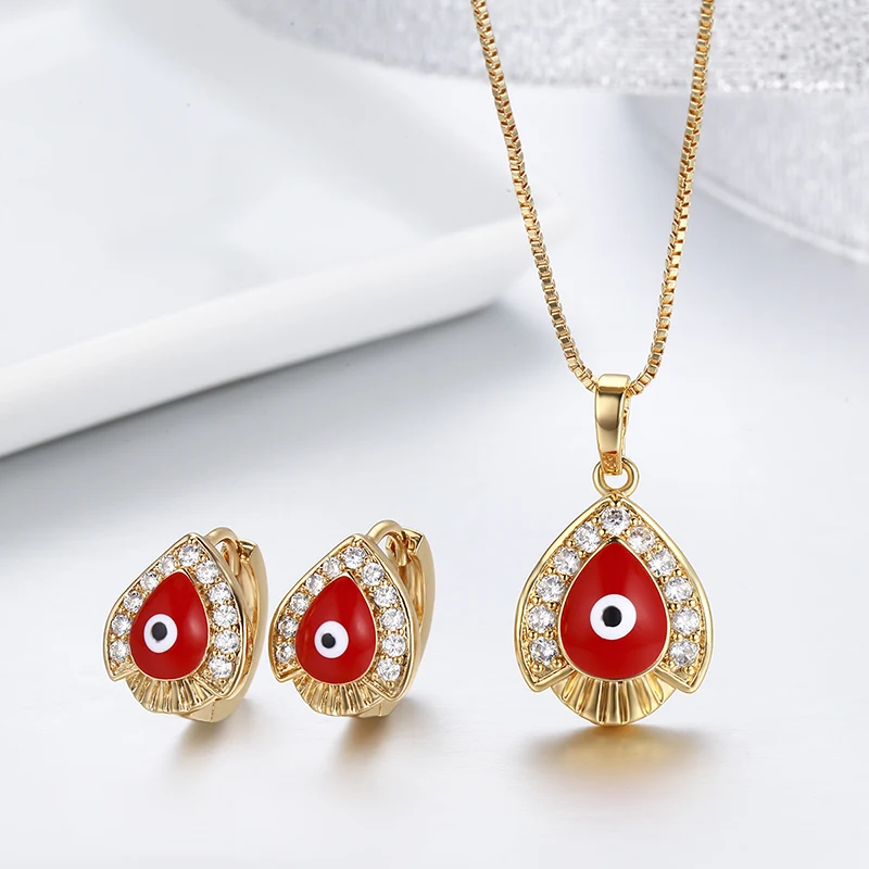 Yellow Gold Color Red Evil Eyes Paved CZ Teardrop Pendant Necklace Hoop Earrings Jewelry Sets for Womens Girls Kids Children|jewelry sets