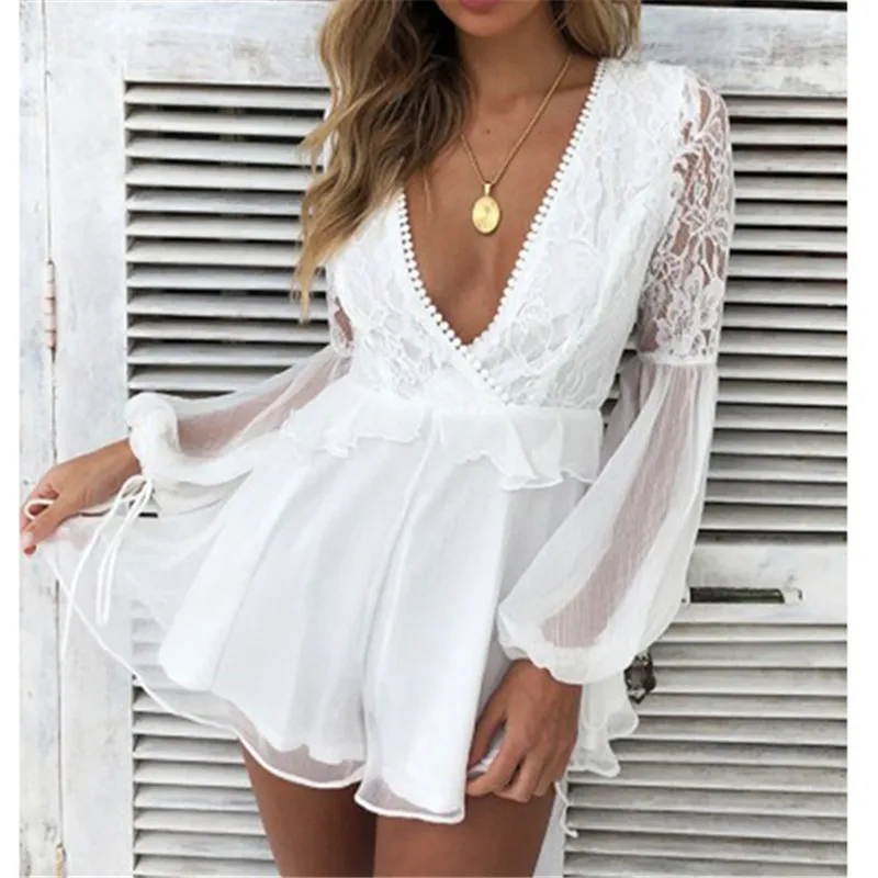 Женский комбинезон с открытой спиной кружевной глубоким V образным вырезом и